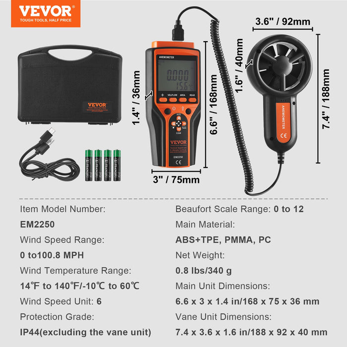 VEVOR Split Handheld Anemometer, Digital Wind Speed CFM Meter Gauge with LED Backlight Screen, Measures Wind Velocity Wind Temperature Air Flow Wind Chill, for Sailing Surfing Flying HVAC