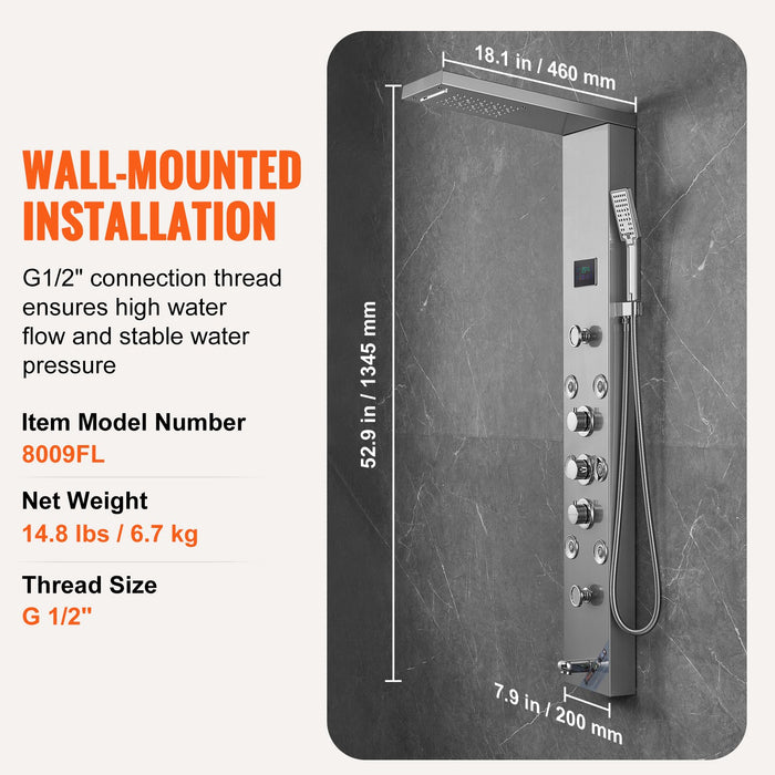 VEVOR Shower Panel System, 6 Shower Modes, LED & Screen Hydroelectricity Shower Panel Tower, Rainfall, Waterfall, 8 Massage Jets, Tub Spout, Handheld Shower, Stainless Steel Wall-Mounted Shower Set