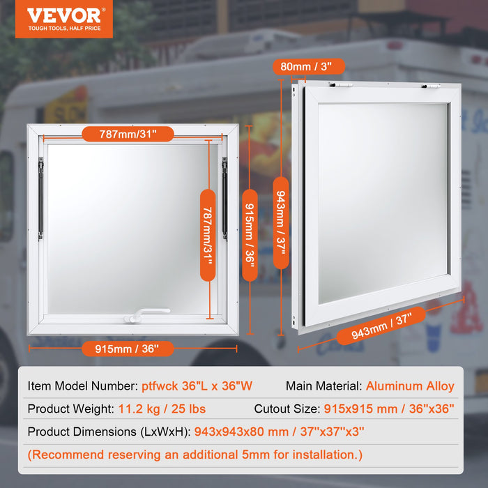 VEVOR Concession Window 91x91cm, Aluminum Alloy Food Truck Service Window with Awning Door & Drag Hook, Up to 85 Degrees Stand Serving Window for Food Trucks Concession Trailers, Glass Not Included