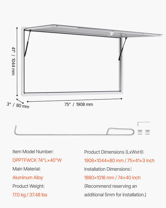 Concession Window 188x102cm, Aluminum Alloy Frame Service Window for Food Truck, Up to 85 Degrees Stand Serving Window with Awning Door and Drag Hook, Rainwater Resistant for Concession Trailer