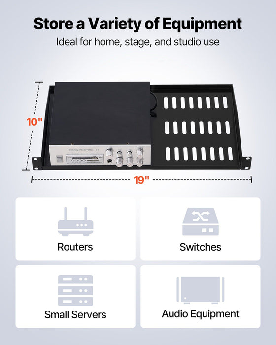 1U Server Rack Shelf, 4 PCS, 22.68 kg Max Load-Bearing Vented Cantilever, Wall Mount or Rack Mount Shelf with Tray, 254 mm Depth, Good Air Circulation for Cabinet Computer Network Equipment