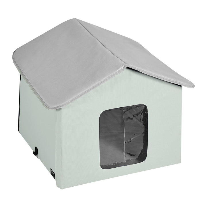 Heated Cat House, Outdoor Kitty Shelter with Adjustable Temperature and Timer, 600D Oxford Cloth Foldable Cat Shelter with Heated Pad  for Winter to Stay Warm and Cozy, Green (Middle)