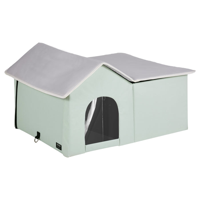 VEVOR Heated Cat House, Outdoor Kitty Shelter with Adjustable Temperature and Timer, 600D Oxford Cloth Foldable Cat Shelter with Heated Pad  for Winter to Stay Warm and Cozy, Green (Large)
