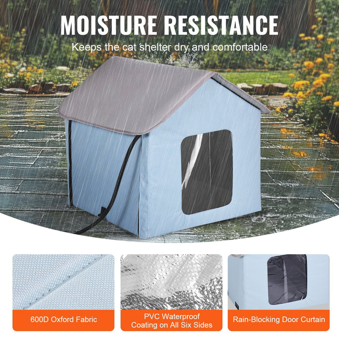 Heated Cat House, Outdoor Kitty Shelter with Timer, 600D Oxford Cloth Foldable Cat Shelter with Heated Pad  for Winter to Stay Warm and Cozy, Blue (Small)