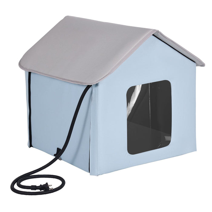 Heated Cat House, Outdoor Kitty Shelter with Timer, 600D Oxford Cloth Foldable Cat Shelter with Heated Pad  for Winter to Stay Warm and Cozy, Blue (Small)