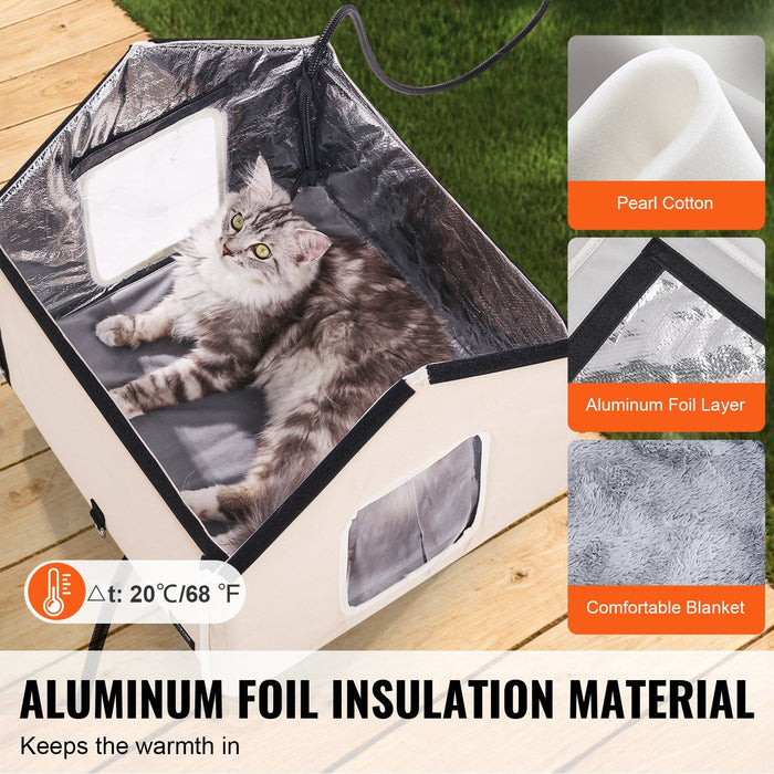 Elevated Heated Cat House, Outdoor Kitty Shelter with Timer, 600D Oxford Cloth Foldable Cat Shelter with Heated Pad for Winter to Stay Warm and Cozy, Brown (Middle)