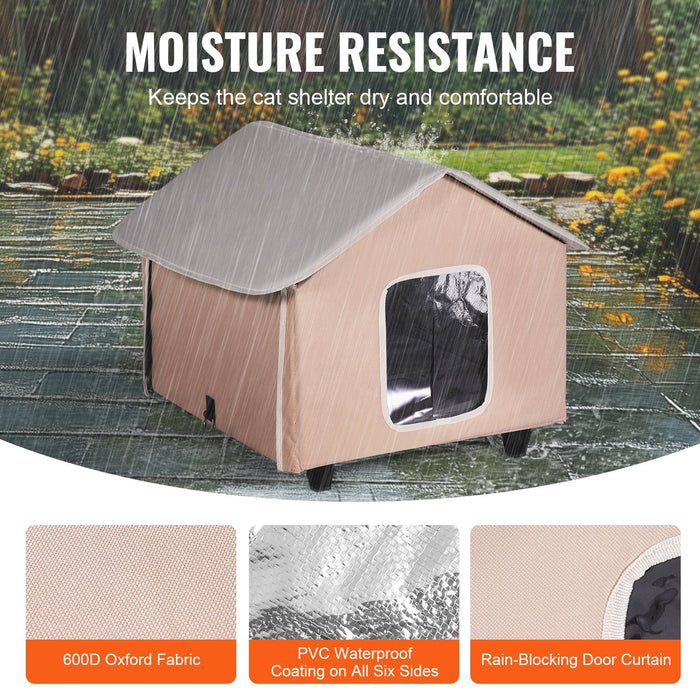 Elevated Heated Cat House, Outdoor Kitty Shelter with Timer, 600D Oxford Cloth Foldable Cat Shelter with Heated Pad for Winter to Stay Warm and Cozy, Brown (Middle)