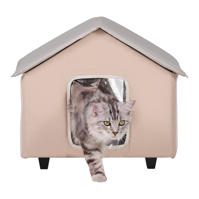 Elevated Heated Cat House, Outdoor Kitty Shelter with Timer, 600D Oxford Cloth Foldable Cat Shelter with Heated Pad for Winter to Stay Warm and Cozy, Brown (Middle)