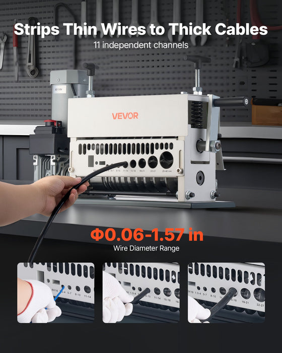 VEVOR Electric Wire Stripper Machine, 1.5-40 mm, 11 Channel Automatic Copper Cable Stripper,  370W Wire Stripper Tool with Manual Hand Crank Mode, Emergency Stop Button, for Scrap Copper Recycling