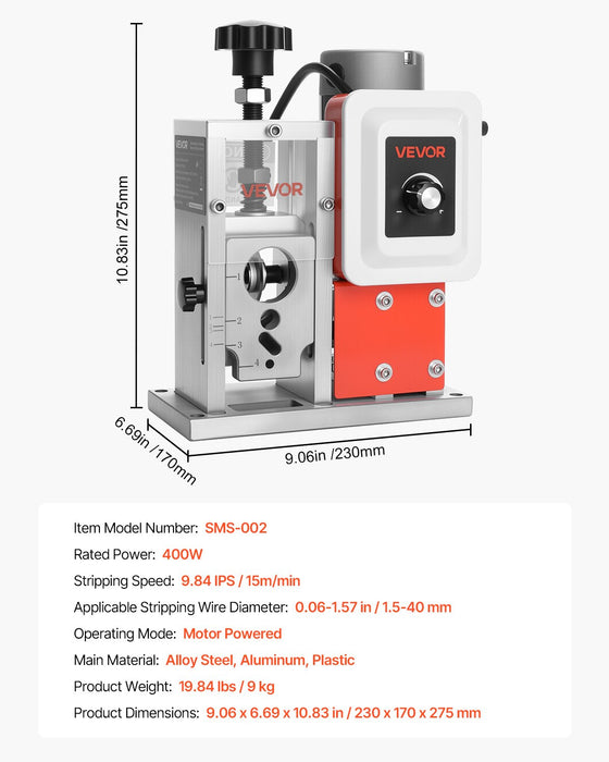 VEVOR Electric Wire Stripping Machine, 1.5-40 mm, 400W Automatic Motorized Cable Stripper, 9.84 IPS (15 m/min) Wire Peeler with Alloy Blades, V-Shaped Rollers, Cooling Fan, for Scrap Copper Recycling