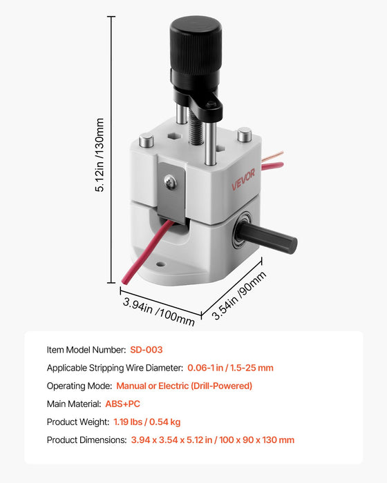 VEVOR Manual Wire Stripping Machine, 1.5-25 mm, Portable Copper Stripper with Hand Crank or Drill Powered, 64Mn Quenched Blades, 45# Steel Rollers, ABS & PC Wire Peeler, for Scrap Copper Recycling