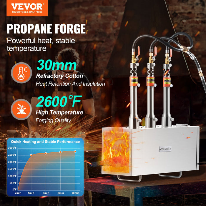 VEVOR Portable Propane Forge, 3 Burner Farrier Forge, 2600â„?Tool and Knife Making Blacksmithing Gas Forge, Large Capacity Square Stainless Steel Gas Forging Tools and Equipment for Metal Forging
