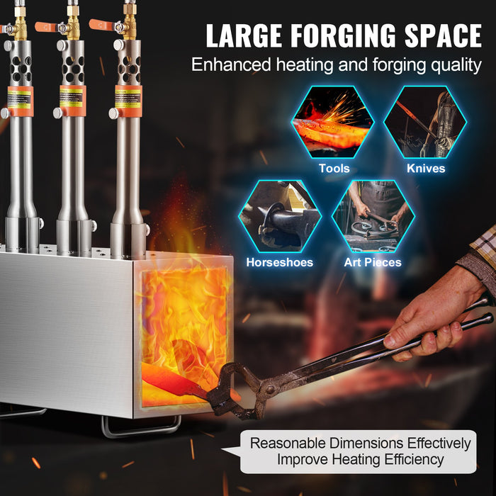 VEVOR Portable Propane Forge, 3 Burner Farrier Forge, 2600â„?Tool and Knife Making Blacksmithing Gas Forge, Large Capacity Square Stainless Steel Gas Forging Tools and Equipment for Metal Forging