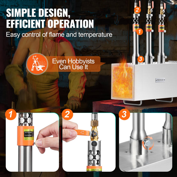 VEVOR Portable Propane Forge, 3 Burner Farrier Forge, 2600â„?Tool and Knife Making Blacksmithing Gas Forge, Large Capacity Square Stainless Steel Gas Forging Tools and Equipment for Metal Forging