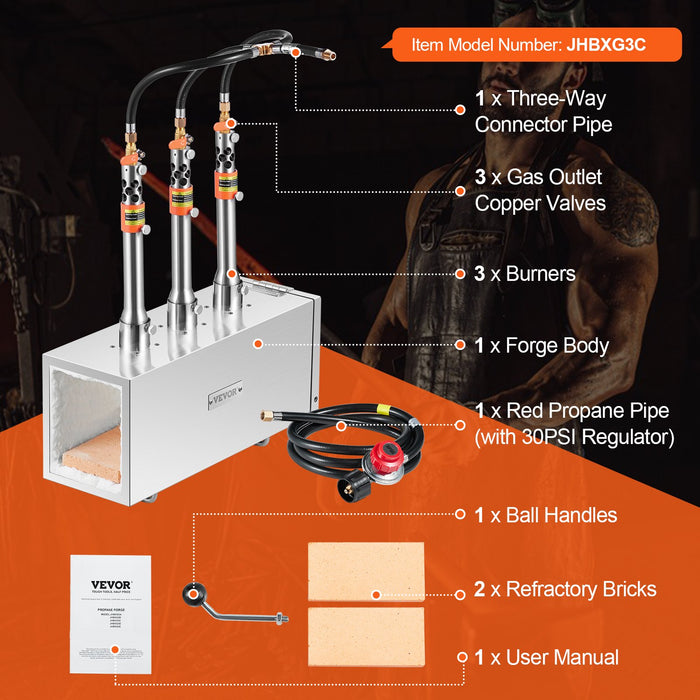 VEVOR Portable Propane Forge, 3 Burner Farrier Forge, 2600â„?Tool and Knife Making Blacksmithing Gas Forge, Large Capacity Square Stainless Steel Gas Forging Tools and Equipment for Metal Forging