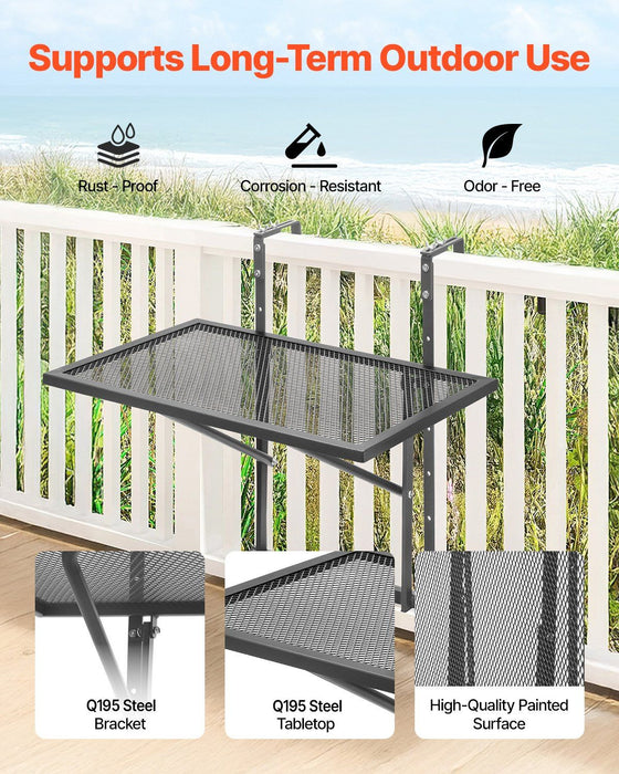 Balcony Hanging Table, 610 x 410 mm Metal Folding Balcony Railing Table, Outdoor Balcony Bar Table for Railings, 5-Level Adjustable, Fit Railing from 1" to 4.7", Serving Table for Patio & Deck