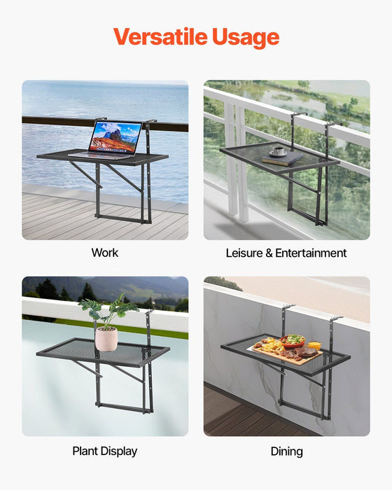 Balcony Hanging Table, 610 x 410 mm Metal Folding Balcony Railing Table, Outdoor Balcony Bar Table for Railings, 5-Level Adjustable, Fit Railing from 1" to 4.7", Serving Table for Patio & Deck