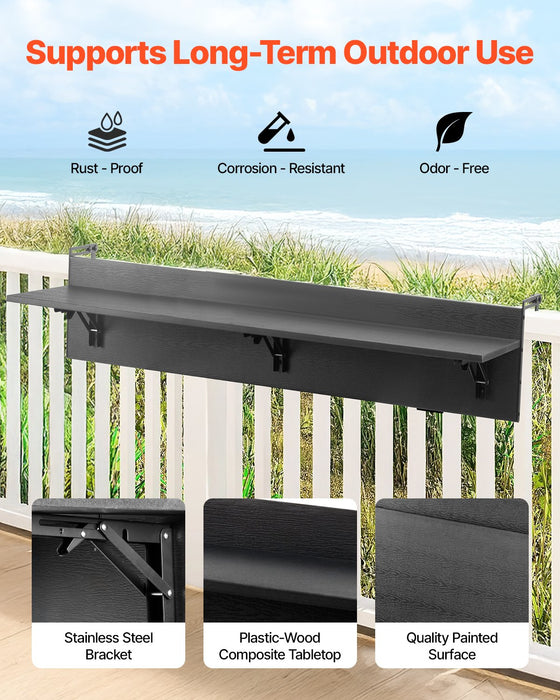 VEVOR Balcony Hanging Table, 12 x 48 in Folding Balcony Railing Table, Outdoor Balcony Bar Table for Railings, 50 lbs Loading, Fit Railing from 1" to 4.3", Serving Table for Patio & Deck