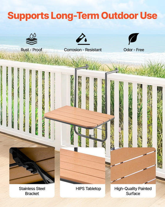 Balcony Hanging Table, 595 x 400 mm Folding Balcony Railing Table, Outdoor Balcony Bar Table for Railings, 4-Level Adjustable, Fit Railing from 1" to 8.27", Serving Table for Patio & Deck