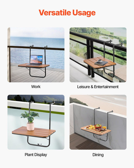 Balcony Hanging Table, 595 x 400 mm Folding Balcony Railing Table, Outdoor Balcony Bar Table for Railings, 4-Level Adjustable, Fit Railing from 1" to 8.27", Serving Table for Patio & Deck