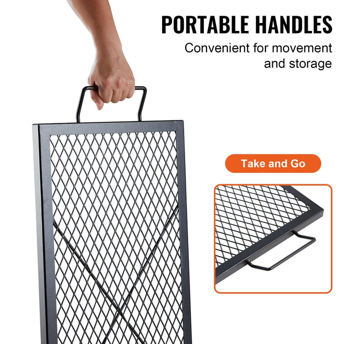 X-Marks Fire Pit Grill Grate, Rectangle Cooking Grate, Heavy Duty Steel Campfire BBQ Grill Grid with Handle & Support X Wire, Portable Camping Cookware for Outside Party Gathering, 81 cm Black