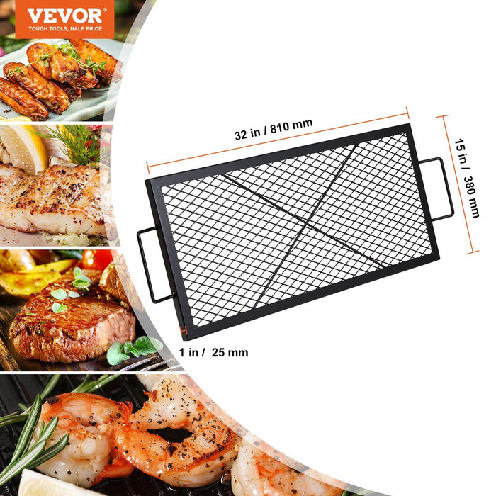 X-Marks Fire Pit Grill Grate, Rectangle Cooking Grate, Heavy Duty Steel Campfire BBQ Grill Grid with Handle & Support X Wire, Portable Camping Cookware for Outside Party Gathering, 81 cm Black