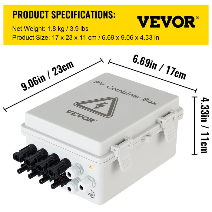 VEVOR PV Combiner Box, 4 String with 15A Rated Current Fuse, 63A Circuit Breaker, Lightning Arreste Connector for On/Off Grid Solar Panel System, IP65