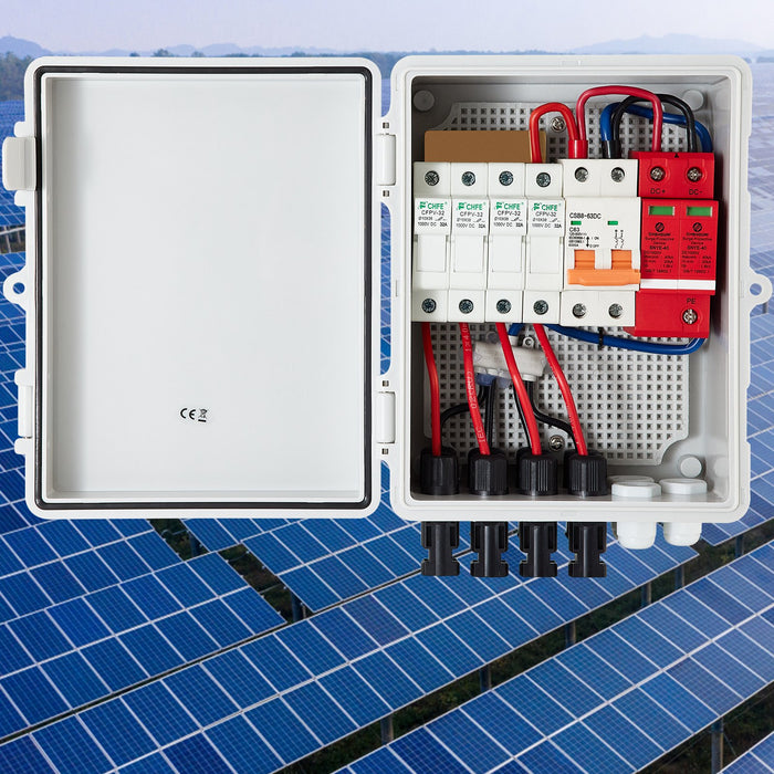 VEVOR PV Combiner Box, 4 String with 15A Rated Current Fuse, 63A Circuit Breaker, Lightning Arreste Connector for On/Off Grid Solar Panel System, IP65