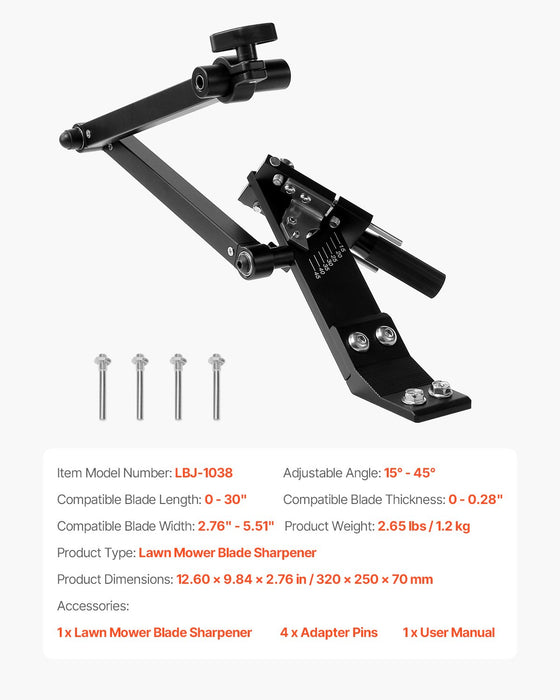 VEVOR Lawn Mower Blade Sharpener, 15° - 45° Adjustable Lawnmower Blade Sharpening Tool with 4 Adapter Pins, Ball Bearing Design & 25mm Enlarged Handle, Compatible with Most Angle Grinders