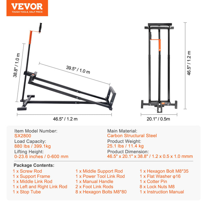 VEVOR Ride on Lawn Mower Lift Jack, 880 Lbs Weight Capacity, Telescopic Maintenance Jack with Crank Handle & Power Tool Handle, Foldable Lawn Tractor Lifter for Lawn Mowers and Garden Tractors, Black