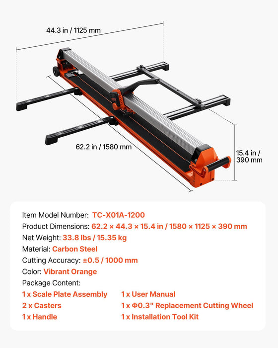 1200 mm Manual Tile Cutter, Upgraded Rail and Sliding Head, Precision Alignment Guide, Tungsten Carbide Cutting Wheel, Support Legs with Swivel Wheels, for DIY Pros, Ceramic, Floor & Wall Tiles