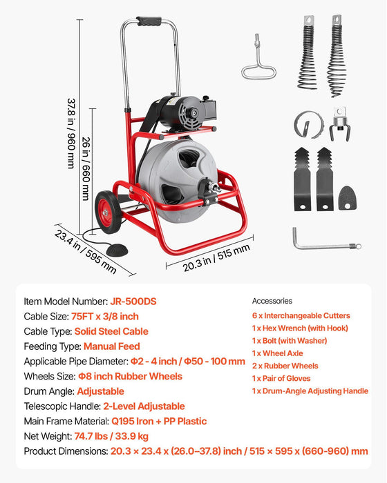 Drain Cleaner Machine 22m x 9.5mm, Sewer Snake Auger on Wheels, Manual Feed Drain Cleaning Machine with Adjustable Drum Angle, 6 Cutters & Air-activated Foot Switch for 50mm to 100mm Pipes