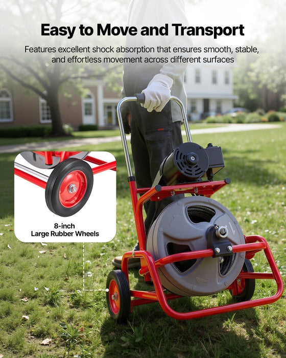 Drain Cleaner Machine 22m x 9.5mm, Sewer Snake Auger on Wheels, Manual Feed Drain Cleaning Machine with Adjustable Drum Angle, 6 Cutters & Air-activated Foot Switch for 50mm to 100mm Pipes