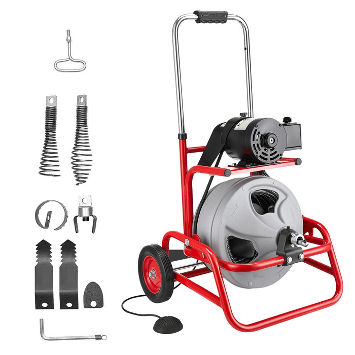Drain Cleaner Machine 22m x 9.5mm, Sewer Snake Auger on Wheels, Manual Feed Drain Cleaning Machine with Adjustable Drum Angle, 6 Cutters & Air-activated Foot Switch for 50mm to 100mm Pipes