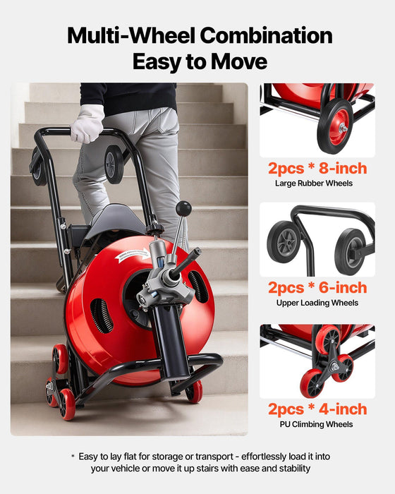 Drain Cleaner Machine 30m x 19mm, Auto Feed Sewer Snake Auger, Portable Drain Cleaning Machine with Multi-Wheel Combination, 6 Cutters & Air-Activated Foot Switch for 100mm to 200mm Pipes
