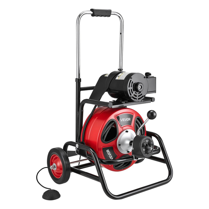 Drain Cleaner Machine 22m x 12.7mm, Auto Feed Sewer Snake Auger, Portable Drain Cleaning Machine with Climbing Wheels, Adjustable Drum, 8 Cutters & Foot Switch for 50mm to 150mm Pipes