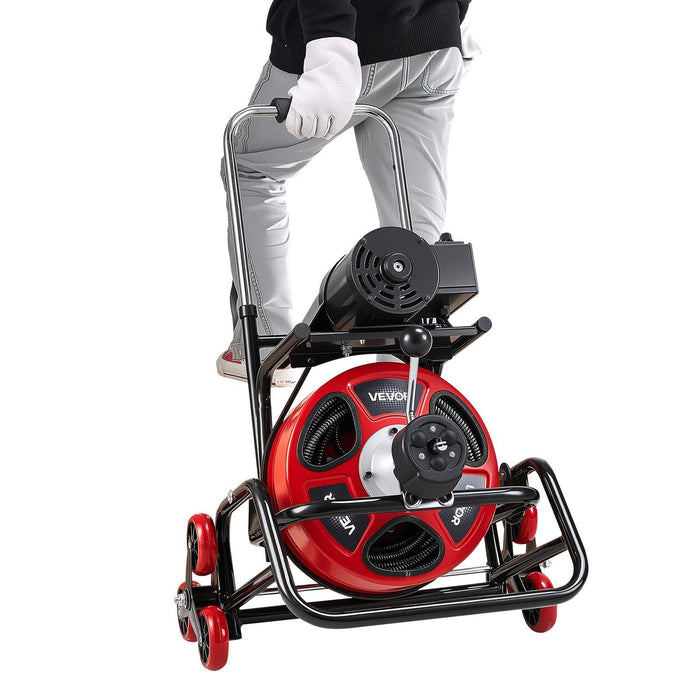 Drain Cleaner Machine 30m x 9.5mm, Auto Feed Sewer Snake Auger, Portable Drain Cleaning Machine with Climbing Wheels, Adjustable Drum, 8 Cutters & Foot Switch for 50mm to 100mm Pipes
