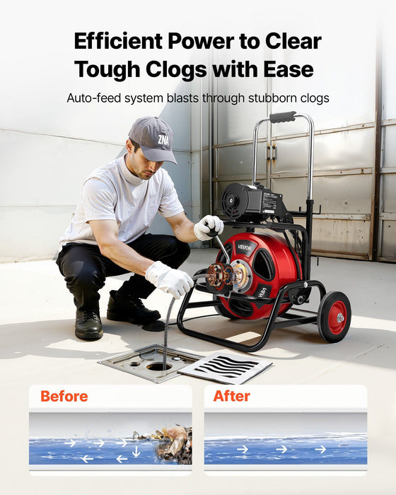 Drain Cleaner Machine 30m x 12.7mm, Auto Feed Sewer Snake Auger, Portable Drain Cleaning Machine with Climbing Wheels, Adjustable Drum, 8 Cutters & Foot Switch for 50mm to 150mm Pipes