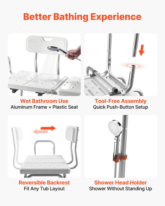 Tub Transfer Bench for Bathtub, 180 kg Capacity Heavy Duty Shower Chair with Arm, Backrest and Curtain Slot, Height Adjustable Shower Bench Bath Seat for Adults, Seniors, Elderly and Disabled