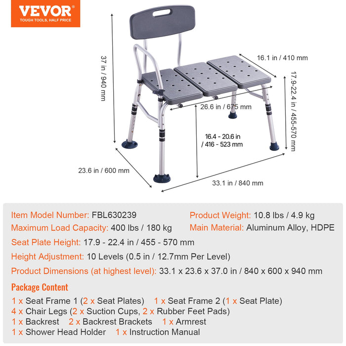 VEVOR Tub Transfer Bench for Bathtub, Adjustable Shower Seats for Adults, Lightweight Shower Bench for Elderly and Disabled, Non-Slip Bath Seats with Armrest and Reversible Backrest, 400lbs Capacity