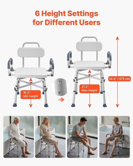 Swivel Shower Chair with Arms and Back, 227 kg Load Heavy Duty Bench Seat for Inside Shower Stall and Bathtub, Height Adjustable Bathroom Bath Tub Seat for Adults, Seniors, Elderly and Disabled