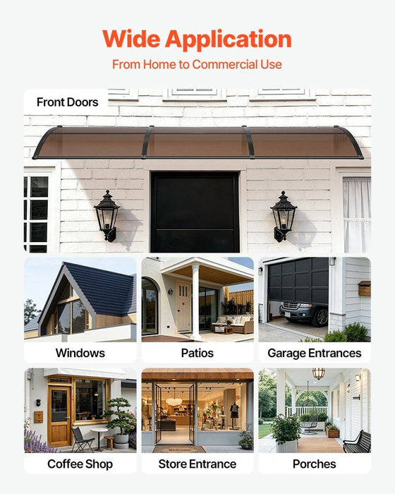 Awnings for Door Entrance, 965 x 2957 mm, Exterior Front Door Window Awnings with Drainage & ABS Bracket, Rain Snow Sun Protection, Overhang Polycarbonate Door Canopy for Porch Patio, Brown