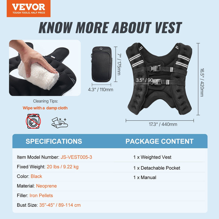 Weighted Vest, 20 lbs Weight Vest with Reflective Stripe, Adjustable Buckle Body Weight Vest for Men Women, Workout Equipment for Strength Training, Running, Jogging, Fitness, and Weight Loss