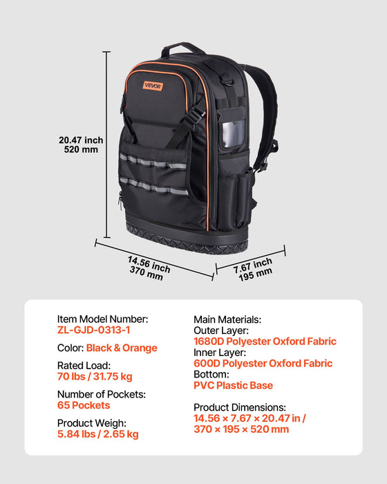 VEVOR Tool Backpack, 65 Pockets, Heavy-duty Tools Storage Organizer Work Bags with Laptop Compartment & Molded Base, Electrician Jobsite Backpack for Electrician, Repairman, and HVAC Techs