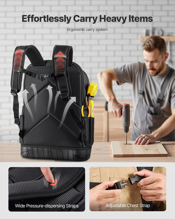 Tool Backpack with Tools, 65 Pockets, Heavy-duty Tools Storage Organizer Bags with Laptop Compartment & Molded Base, Electrician Jobsite Backpack for Electrician, Repairman, and HVAC Techs