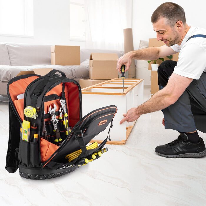 Tool Backpack with Tools, 65 Pockets, Heavy-duty Tools Storage Organizer Bags with Laptop Compartment & Molded Base, Electrician Jobsite Backpack for Electrician, Repairman, and HVAC Techs