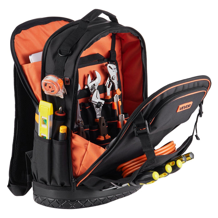 Tool Backpack with Tools, 65 Pockets, Heavy-duty Tools Storage Organizer Bags with Laptop Compartment & Molded Base, Electrician Jobsite Backpack for Electrician, Repairman, and HVAC Techs