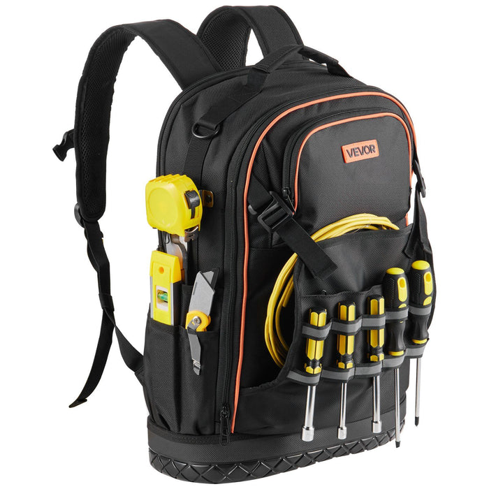 Tool Backpack with Tools, 65 Pockets, Heavy-duty Tools Storage Organizer Bags with Laptop Compartment & Molded Base, Electrician Jobsite Backpack for Electrician, Repairman, and HVAC Techs