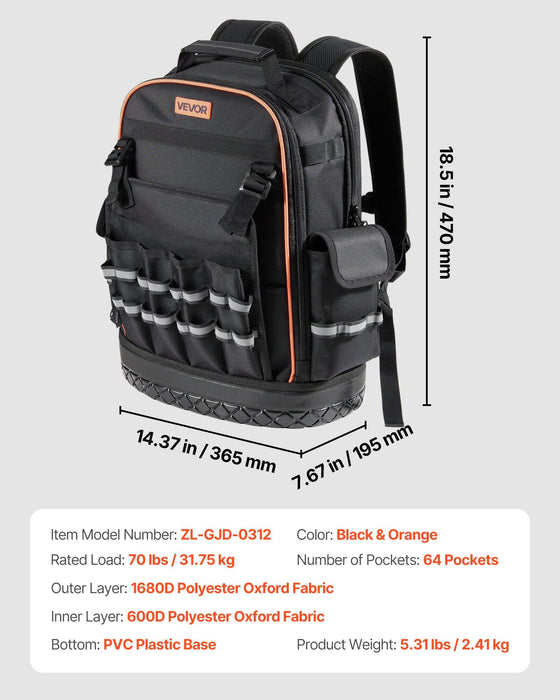 Tool Backpack, 64 Pockets, Heavy-duty Tools Storage Organizer Work Bags with Laptop Compartment & Molded Base, Electrician Jobsite Backpack for Electrician, Repairman, and HVAC Techs