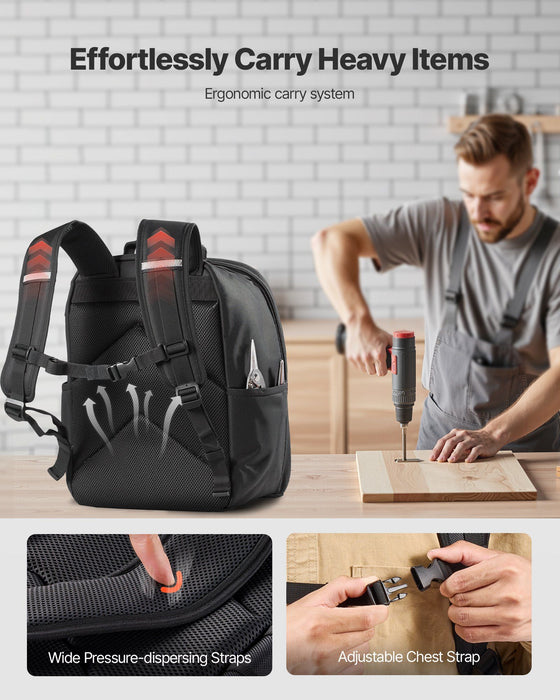 Tool Backpack, 49 Pockets, Heavy-duty Tools Storage Organizer Work Bags with Laptop Compartment & Reinforced Fabric Base, Electrician Jobsite Backpack for Electrician, Repairman